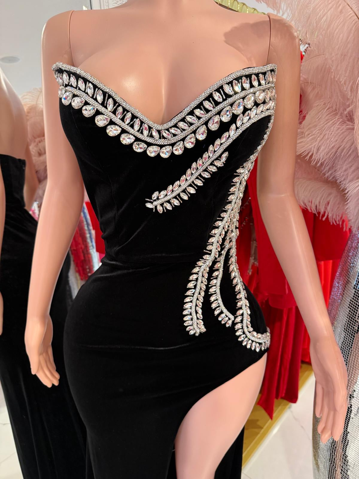 Obsidian Reverie Velvet Rhinestones Maxi Dress Black