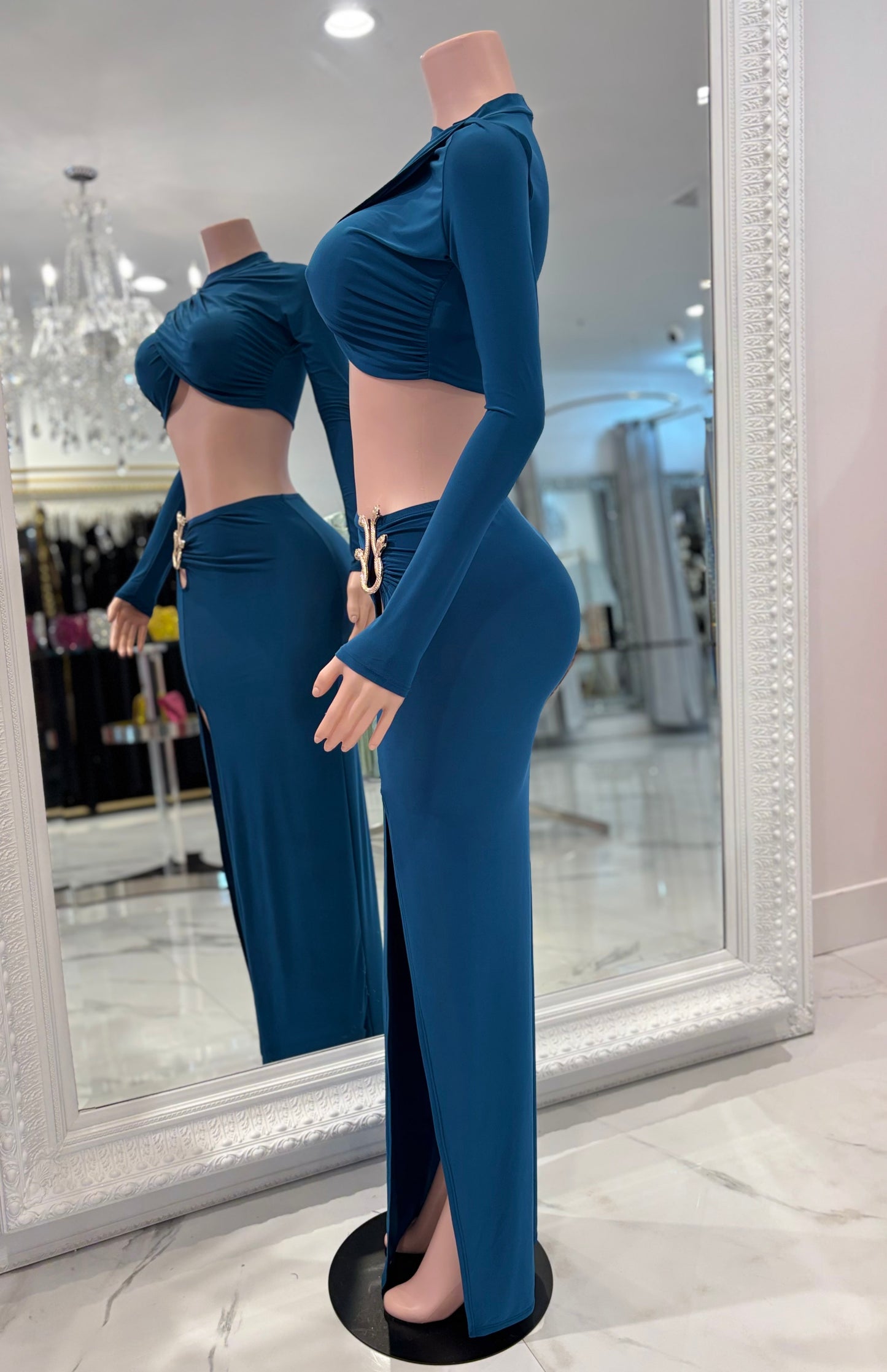 Velouris Drape Ruched Skirt Set Blue