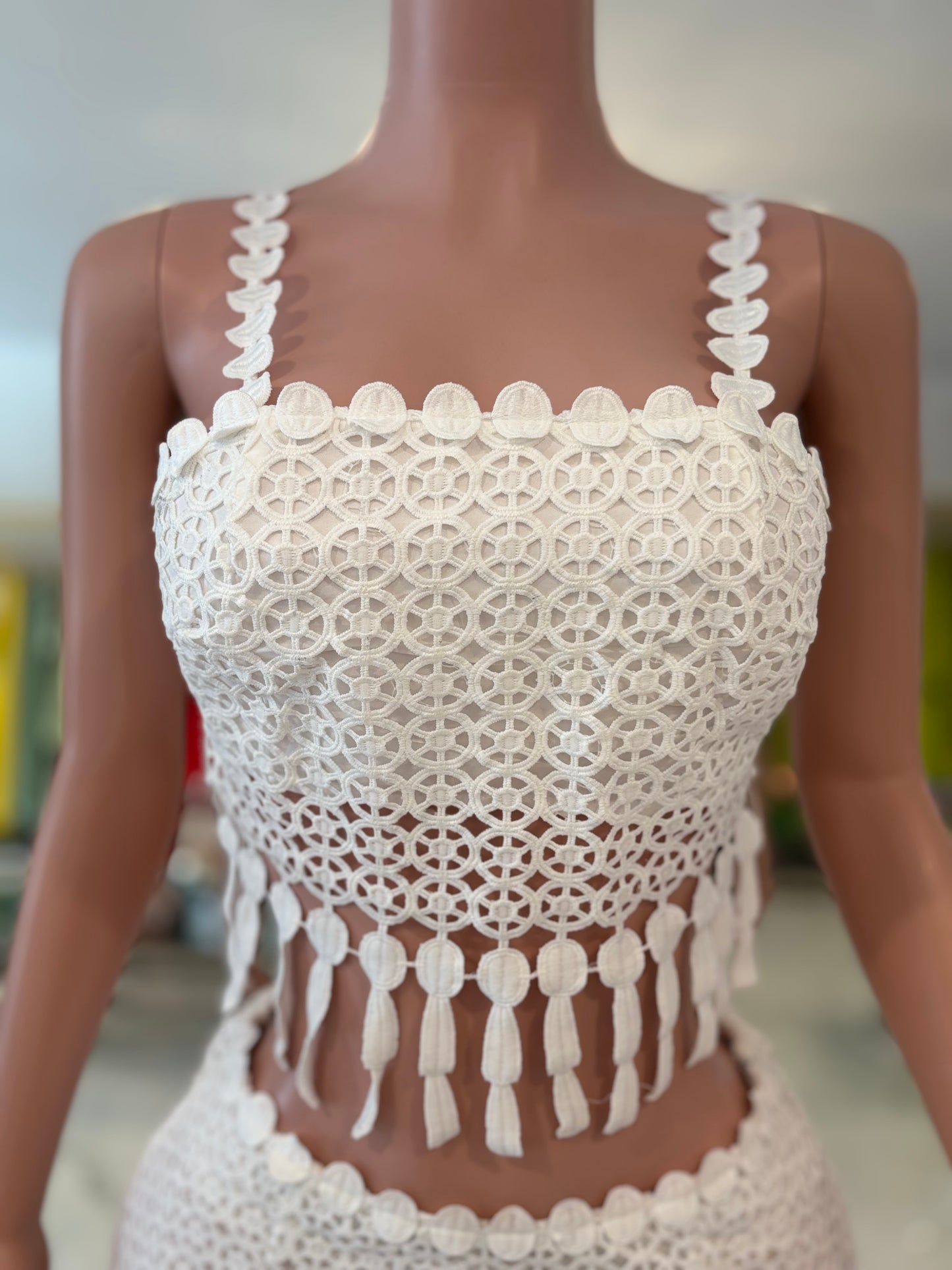 Tassel Crochet Skirt Set White