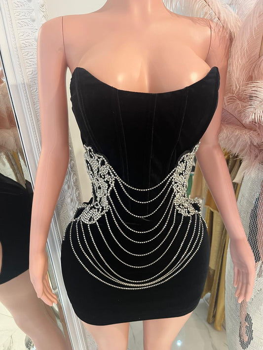 Luxe Velvet Rhinestone Mini Dress Black
