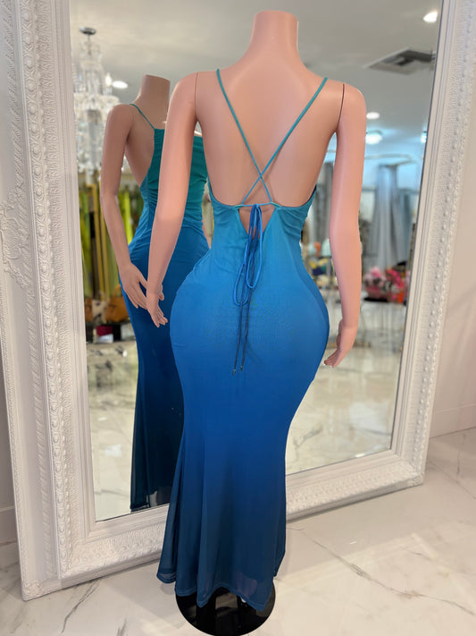 Tidal Rush Mesh Ruched Maxi Dress Blue