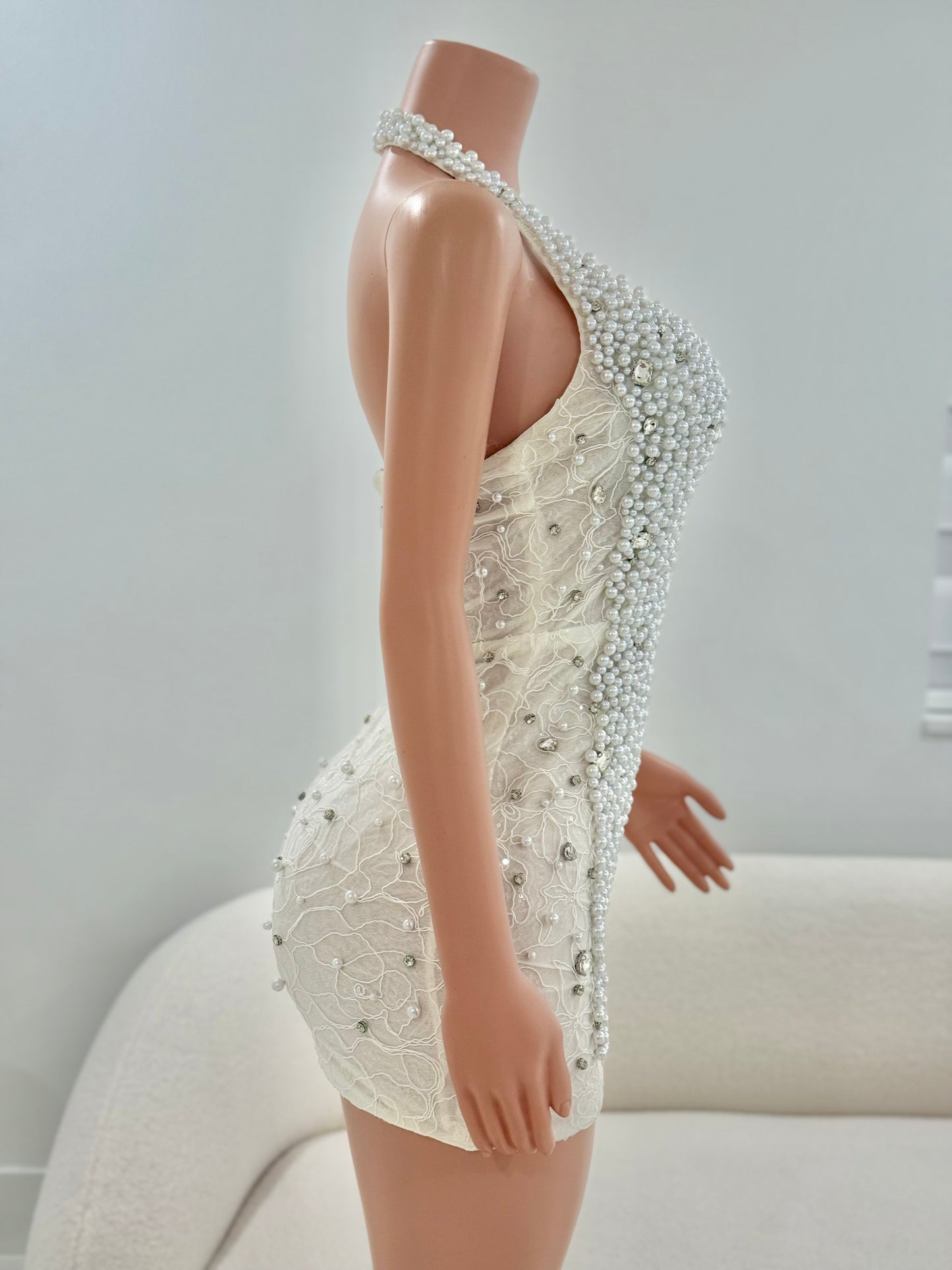 Party Pearl Rhinestones Mini Dress White