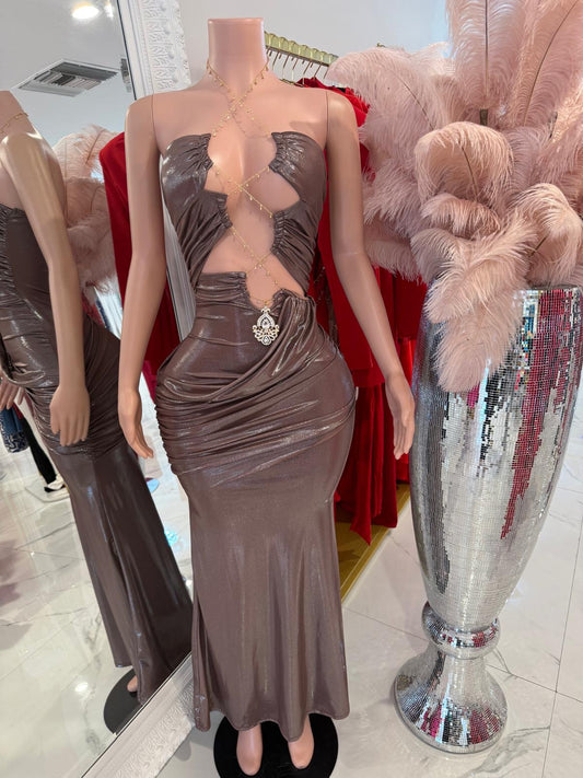 Celestial Cascade Ruched Metallic Maxi Dress Pink