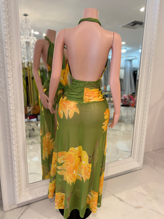 Bloomed Allure Floral Ruched Mesh Maxi Dress Green