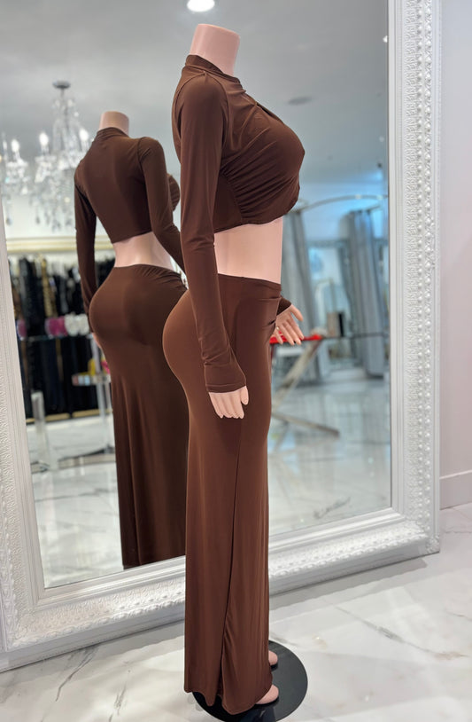 Velouris Drape Ruched Skirt Set Brown