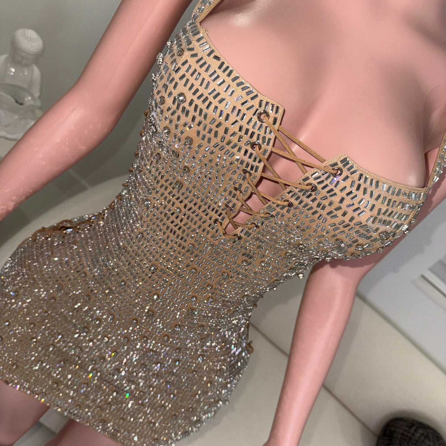 Queen Rhinestones Mini Dress Nude