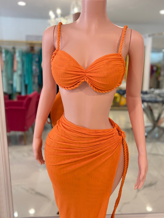 Mely Mesh Ruched Skirt Set Orange