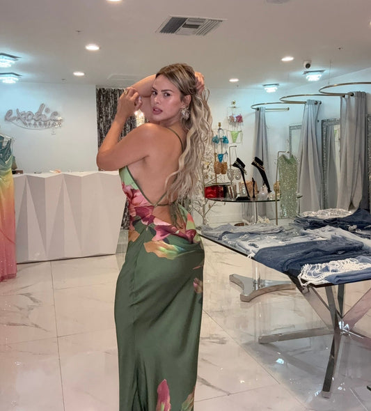 Poetica Love Floral Satin Maxi Dress Green