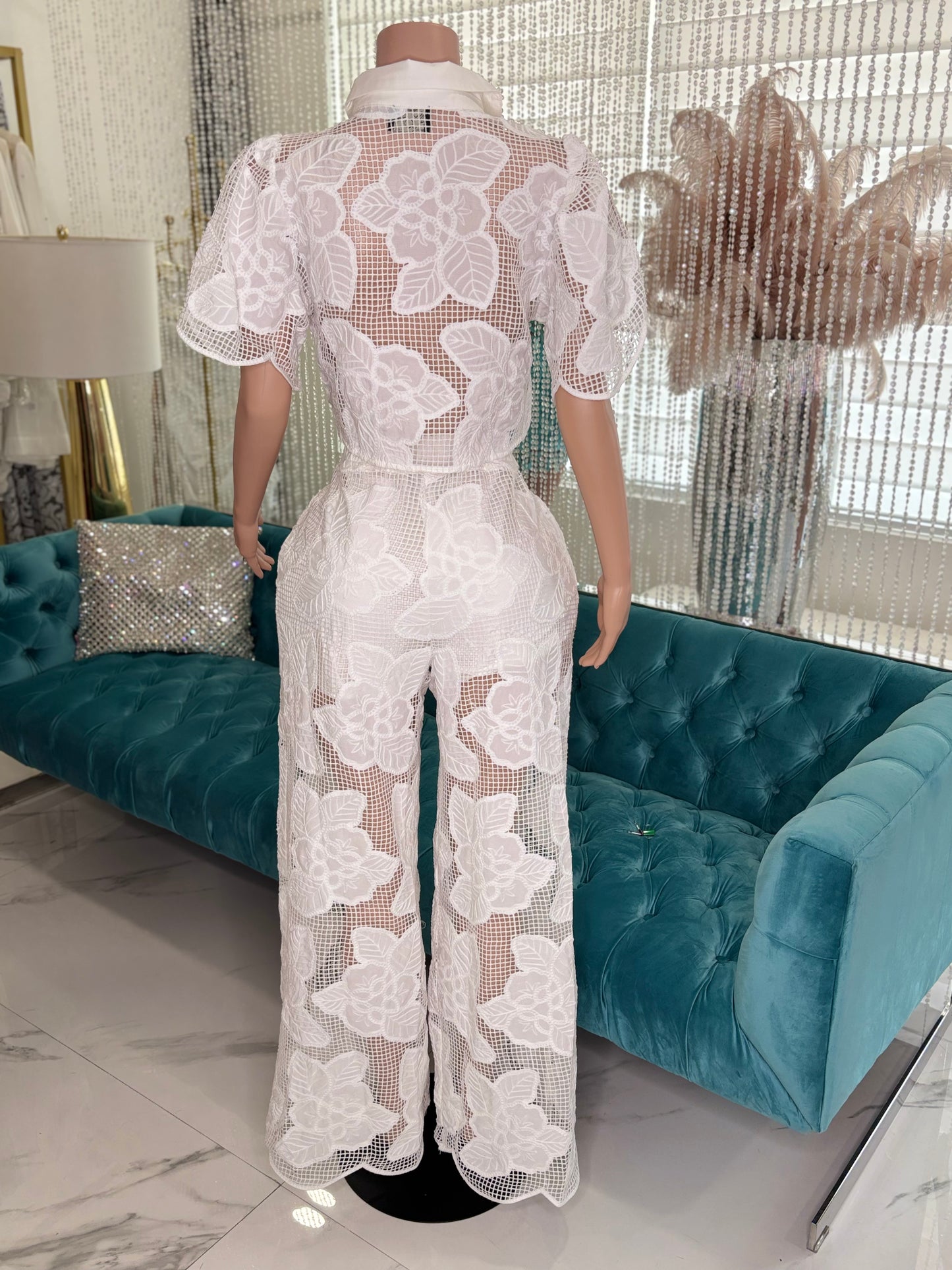 Floral Pants Set White CROCHET