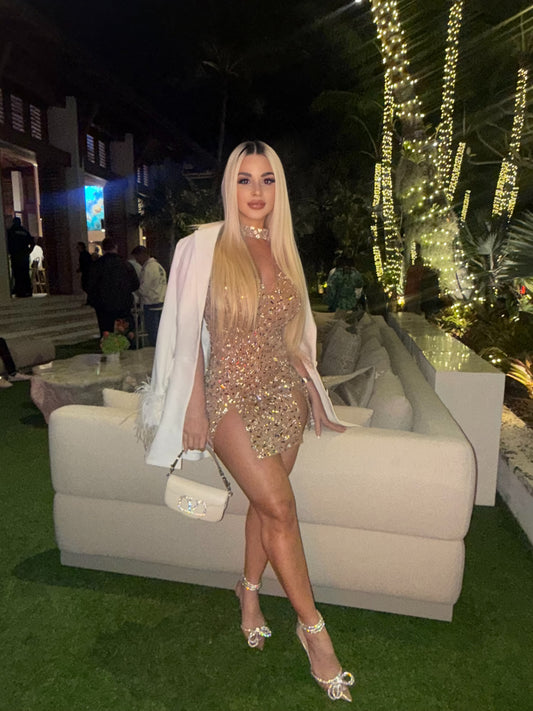 Prismatic Allure Rhinestone Mesh Mini Dress Nude