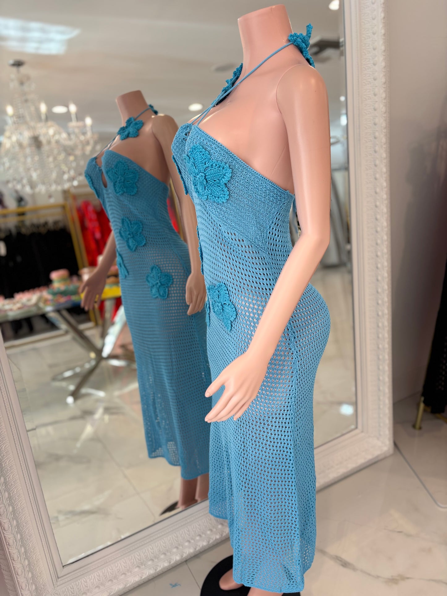 Seafoam Garden Floral Crochet Maxi Dress Blue