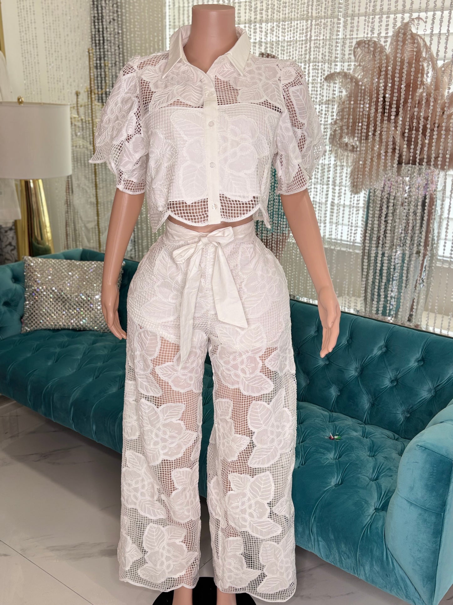 Floral Pants Set White CROCHET
