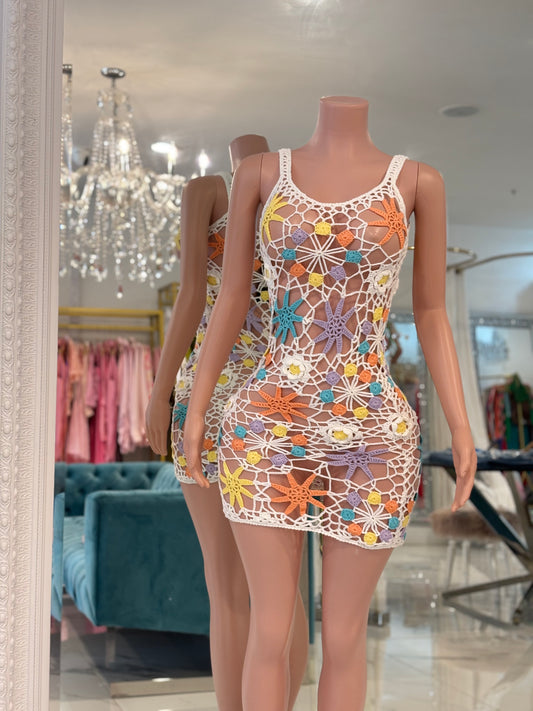 Summer Crochet Floral Cover Up White