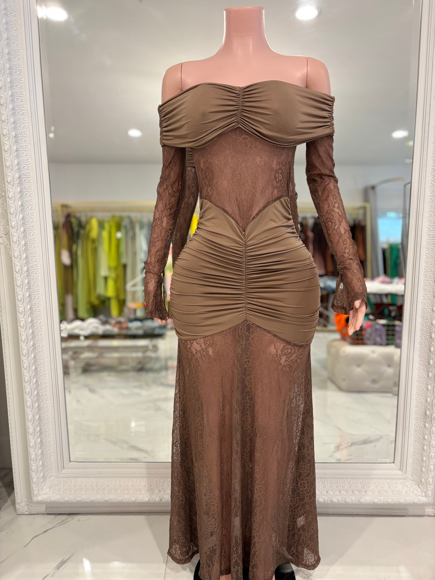 Elisa Lace Ruched Maxi Dress Brown