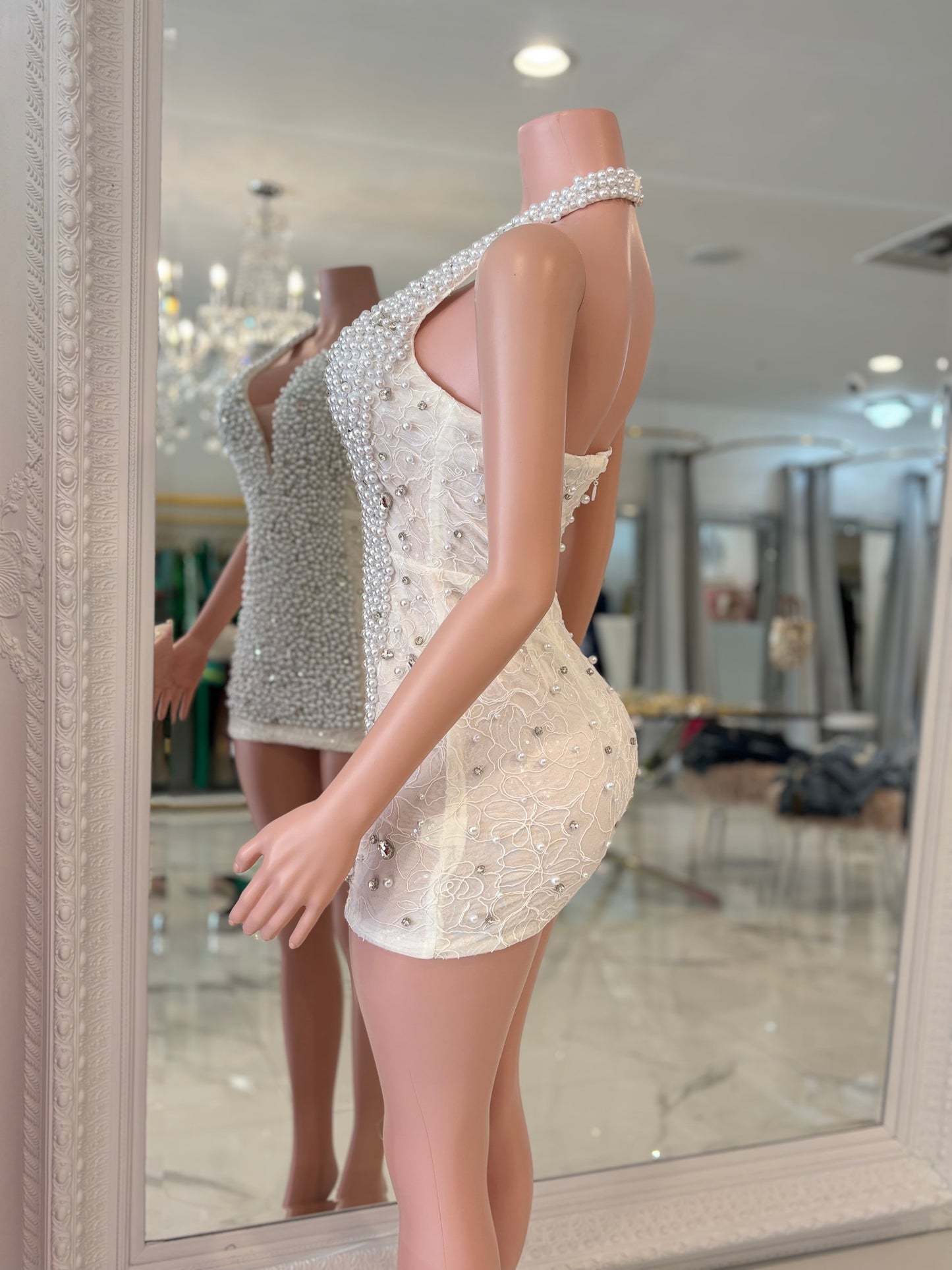 Party Pearl Rhinestones Mini Dress White