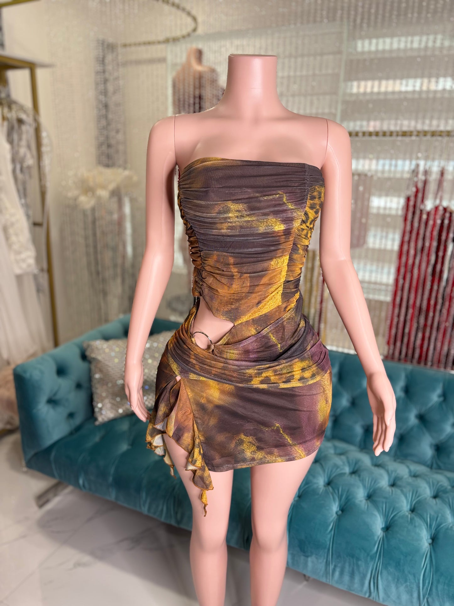 Twilight Mirage Mesh Ruched Mini Dress Brown