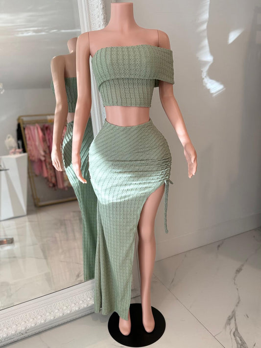 Romance Ruched Skirt Set Green