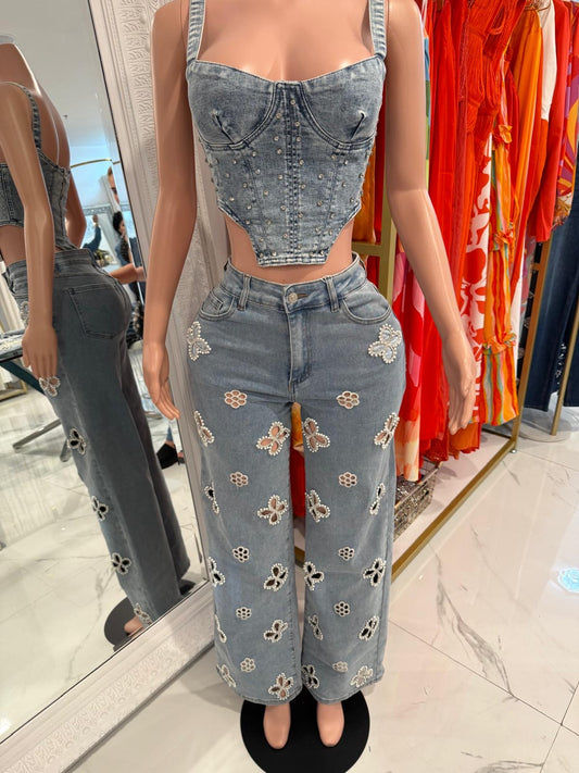 Flores Perlas Jeans