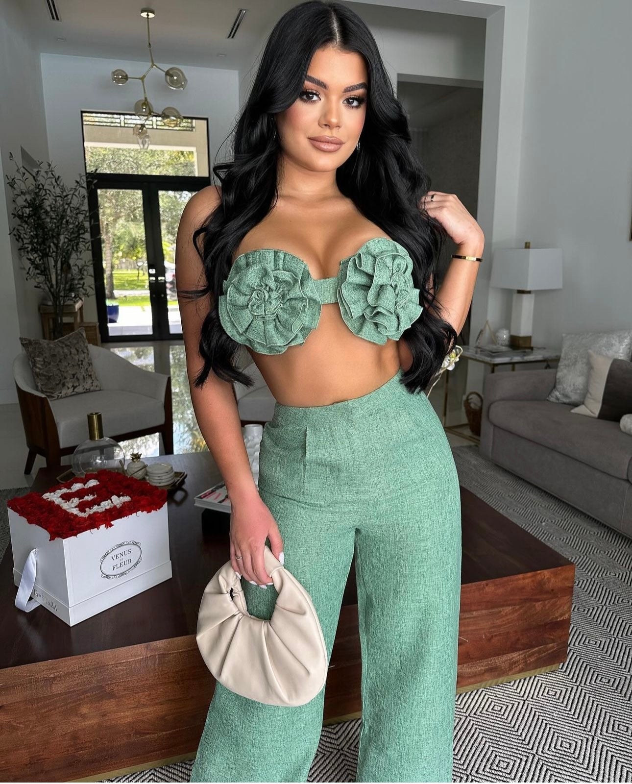 Touch Of Romance Tweed Pant Set Green