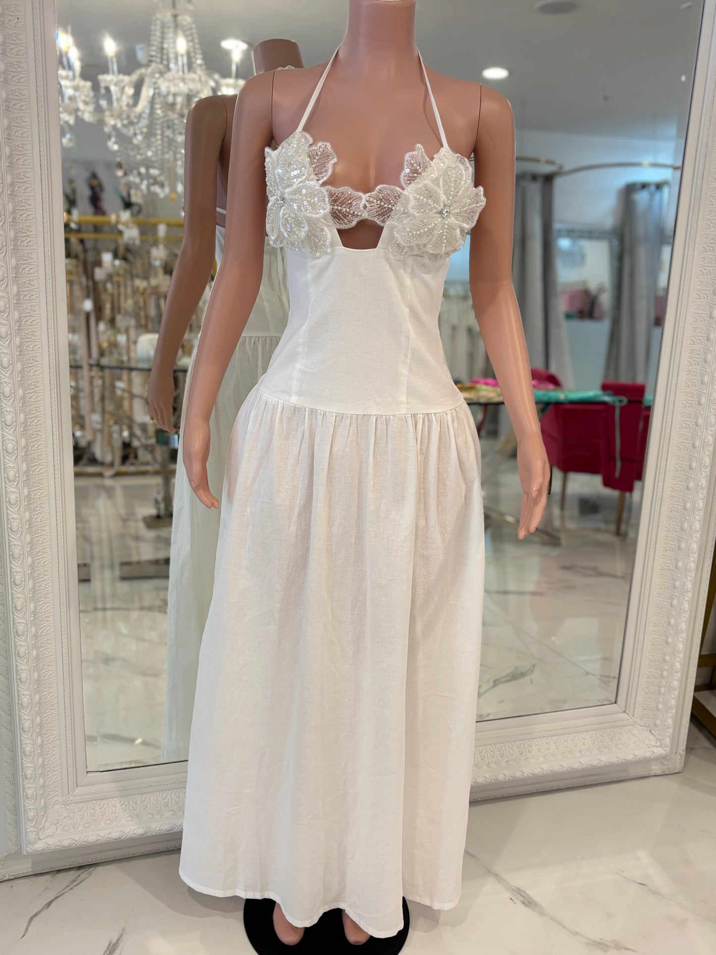 Goddess Bloom Pearls Sequin Maxi dress White