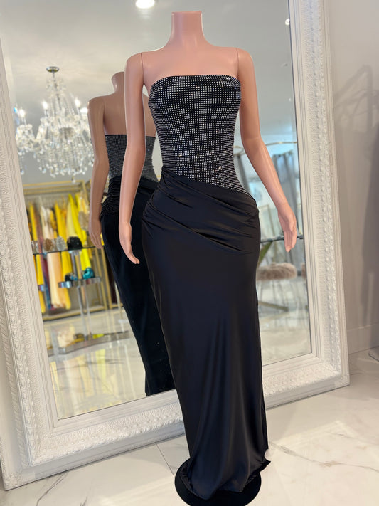 Lumina Drape Ruched Rhinestone Maxi Dress Black