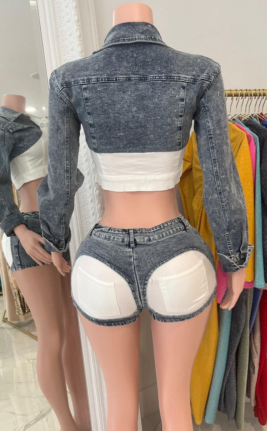 Contrast Denim Short Set