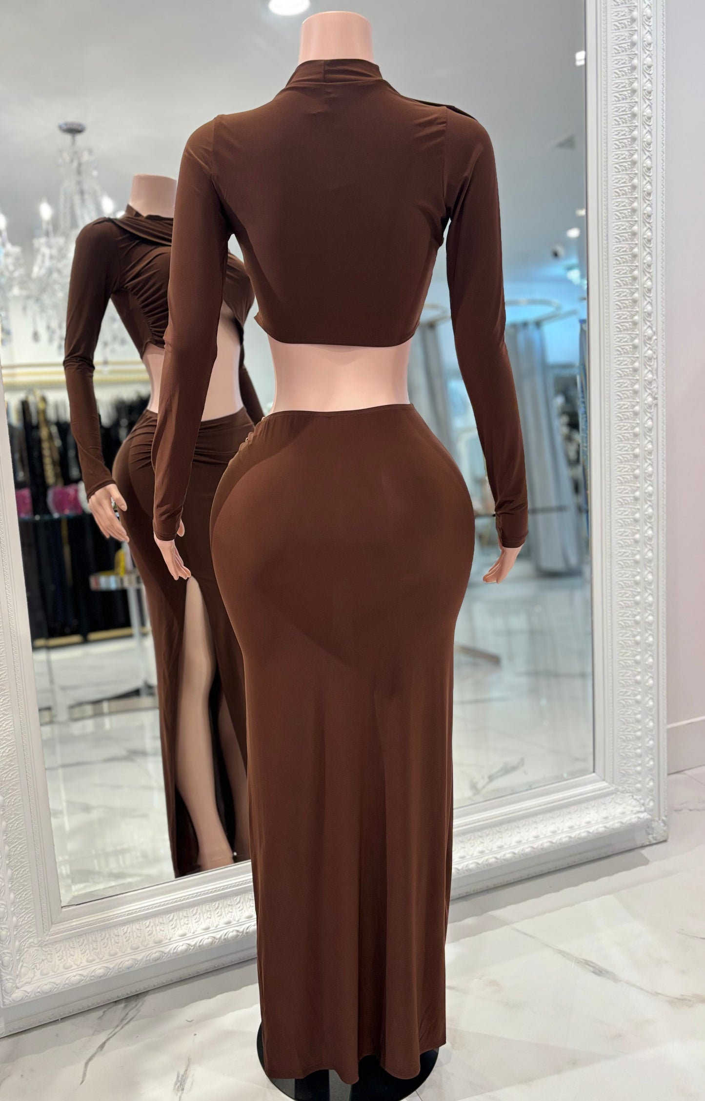 Velouris Drape Ruched Skirt Set Brown