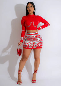 Rhinestones Skirt Set Red