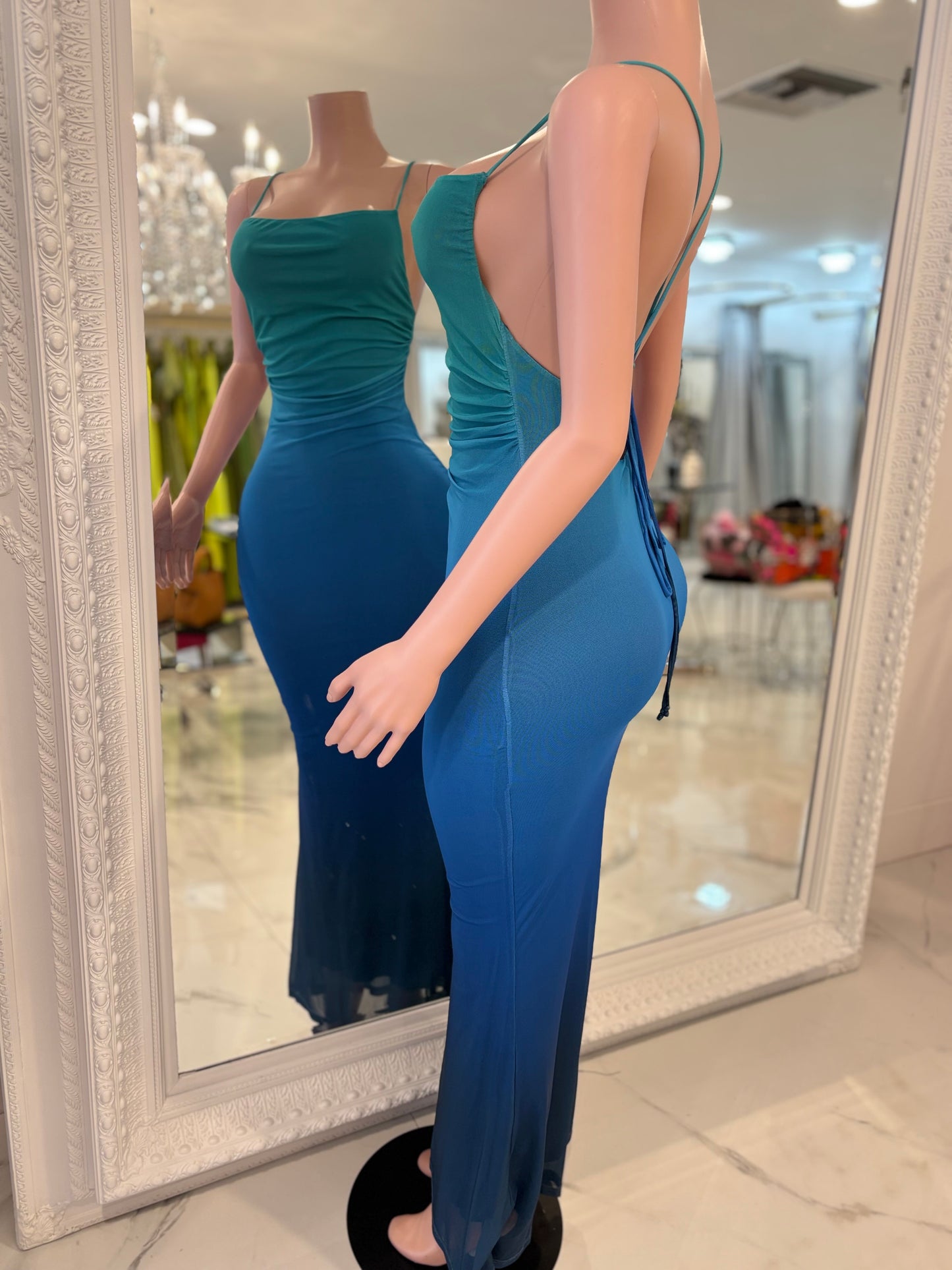 Tidal Rush Mesh Ruched Maxi Dress Blue