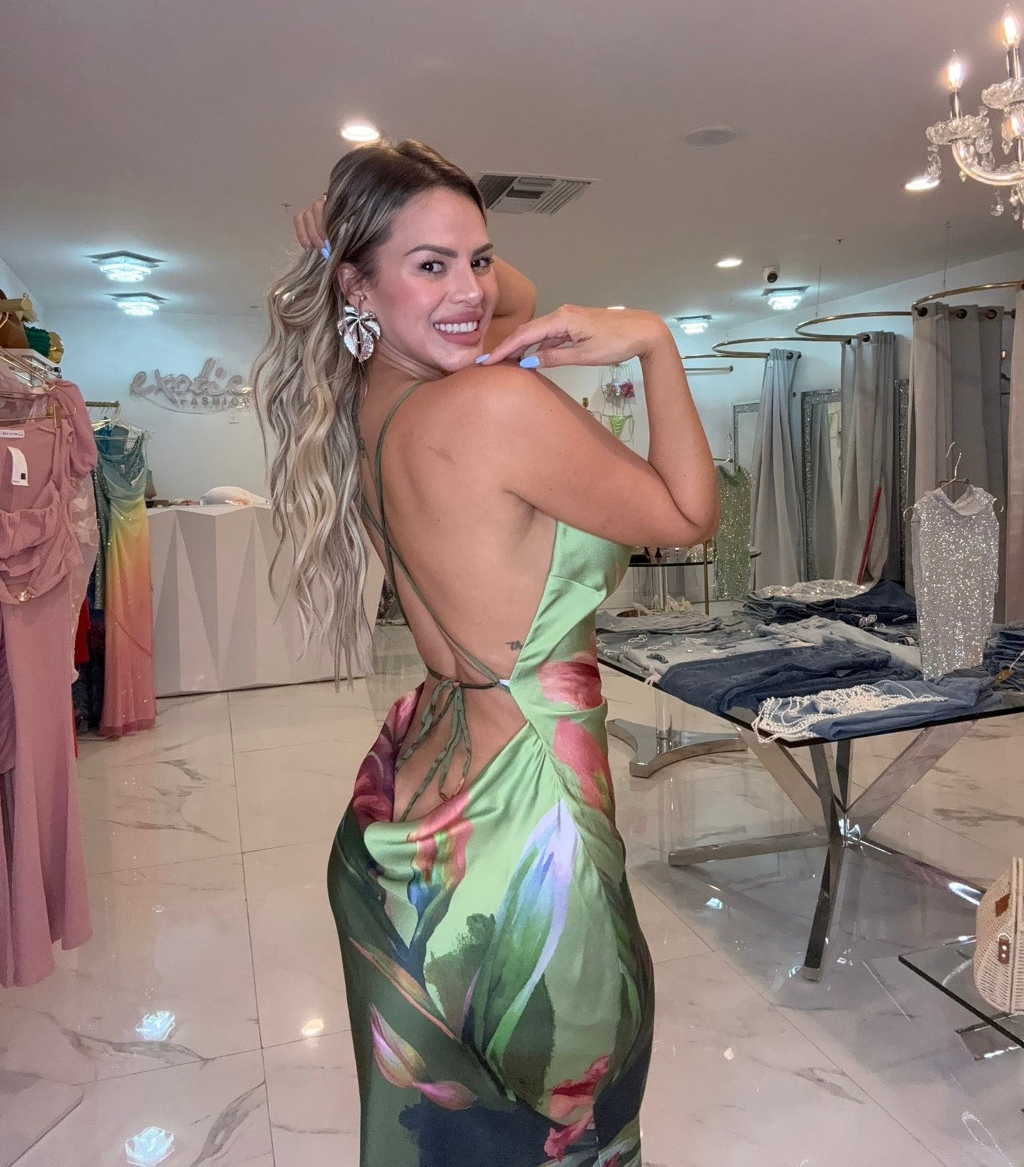 Poetica Love Floral Satin Maxi Dress Green