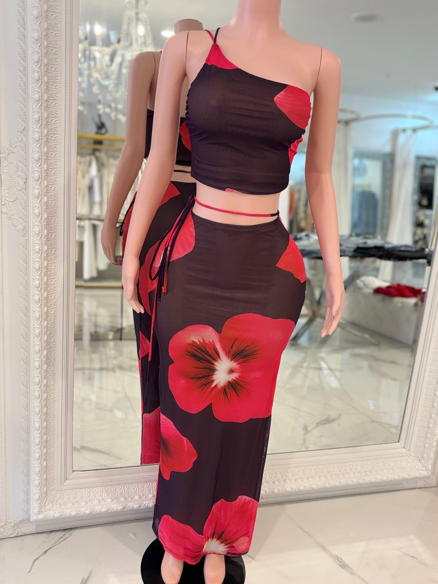 Hibiscus Heat Mesh Floral Skirt Set Red