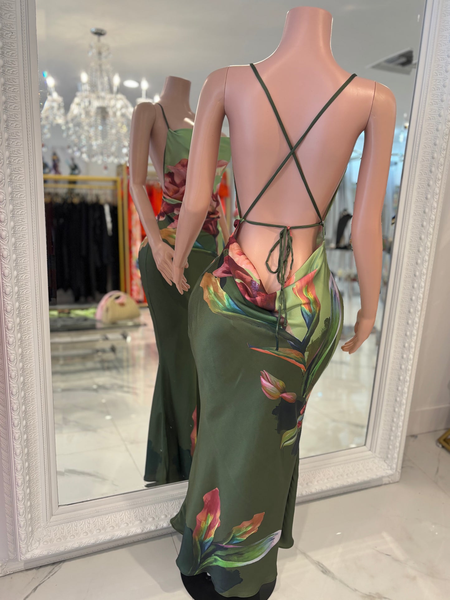 Poetica Love Floral Satin Maxi Dress Green