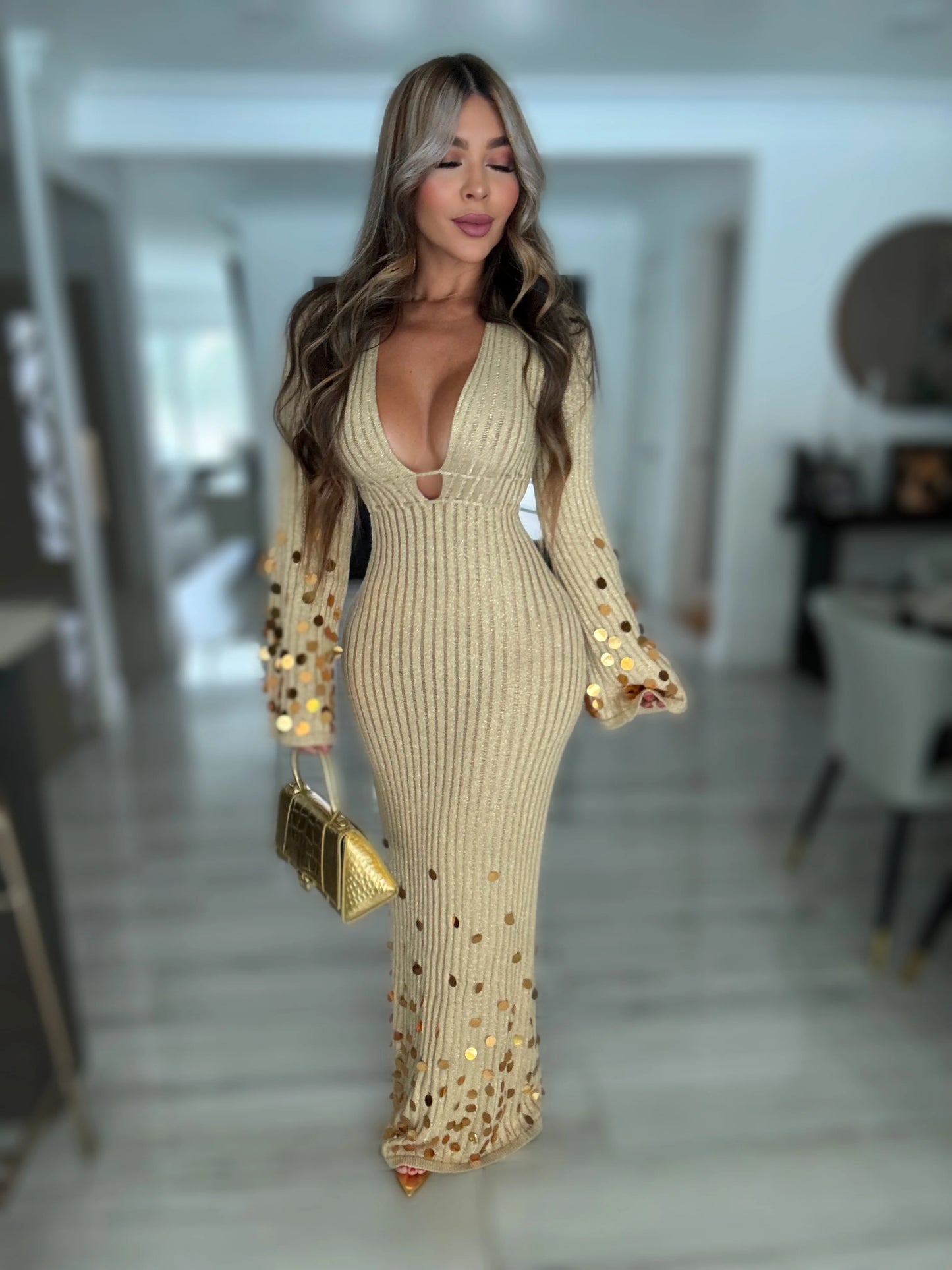 Solstice Glow Knit Sequin Maxi Dress Gold