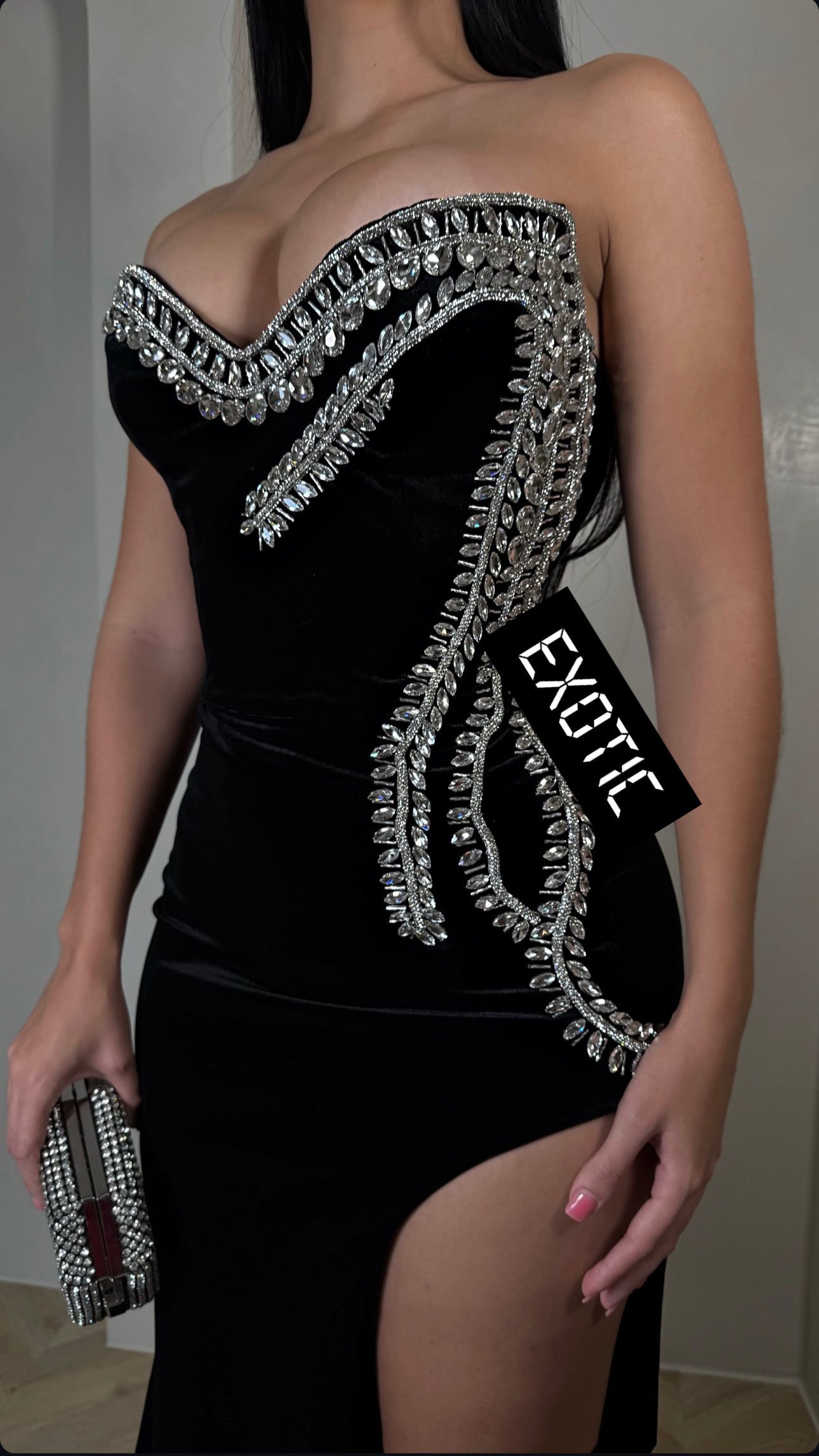 Obsidian Reverie Velvet Rhinestones Maxi Dress Black
