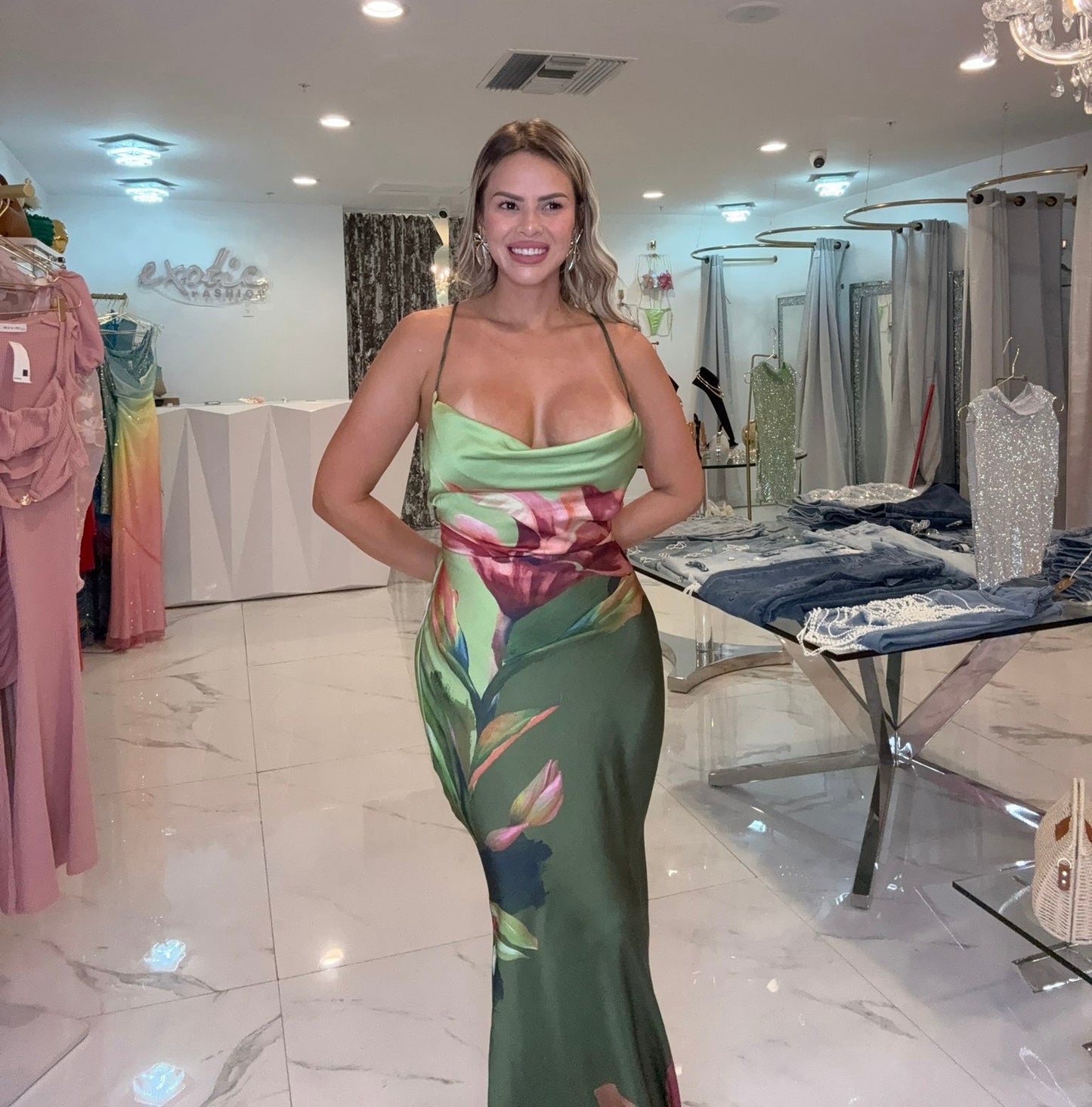 Poetica Love Floral Satin Maxi Dress Green