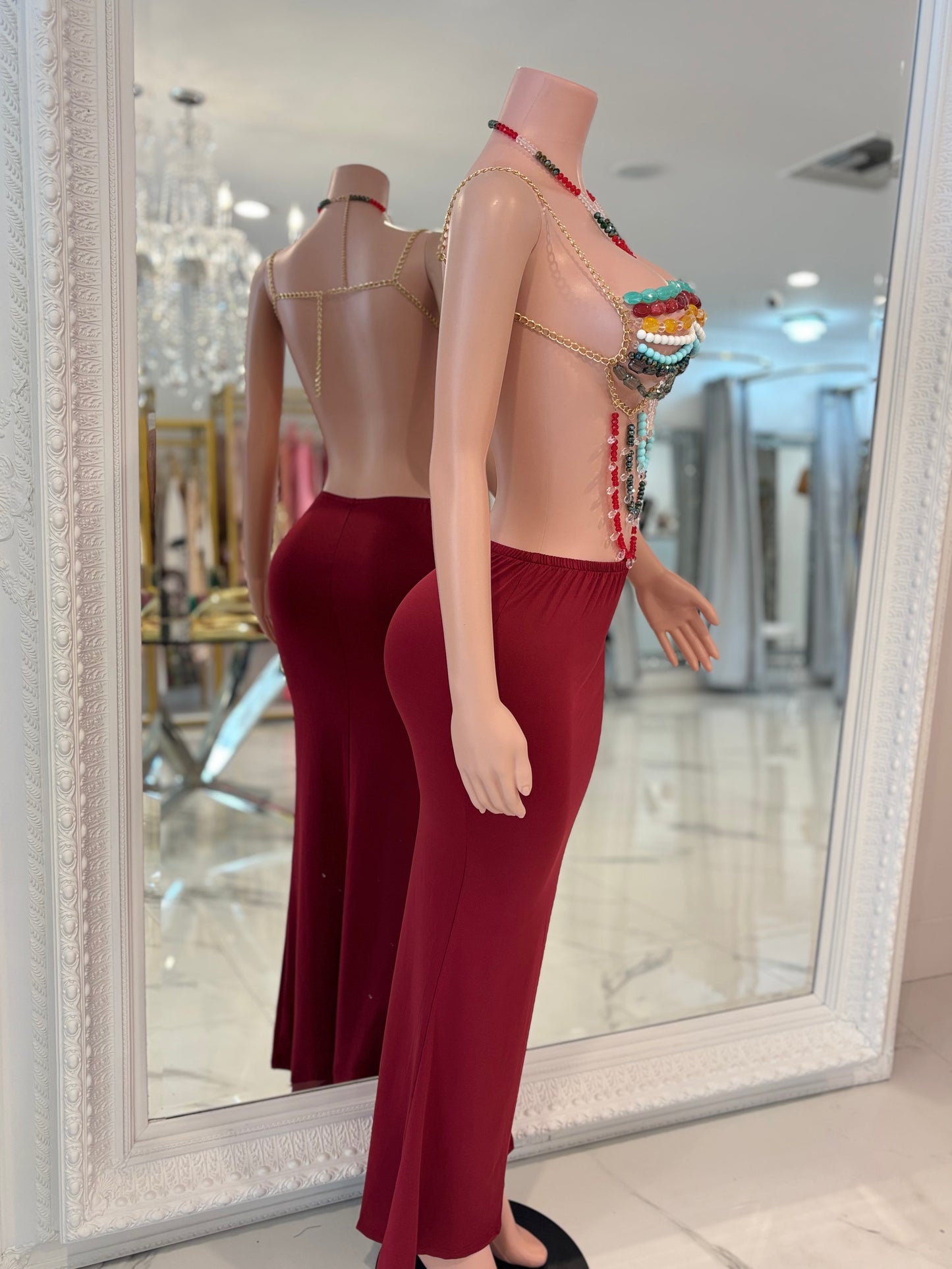 Cesy Chains Rhinestones Skirt Set Red