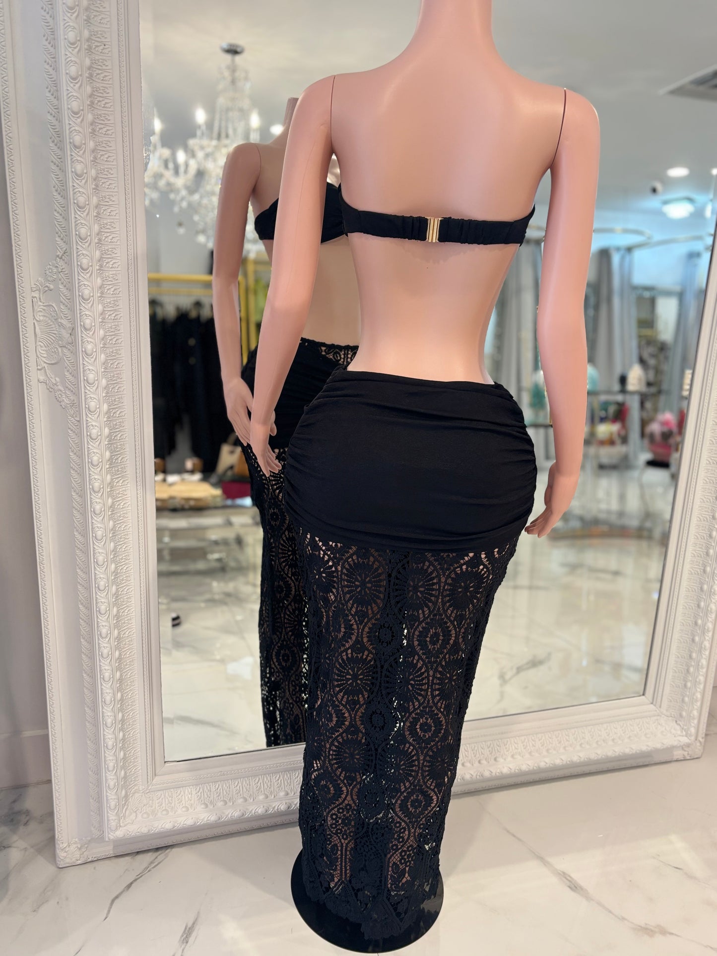 Marbella Allure Crochet Ruched Skirt Set Black