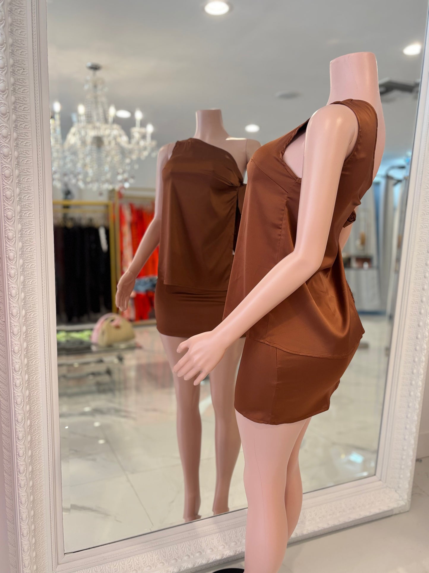 Lily Satin Ruched Skirt Set Brown