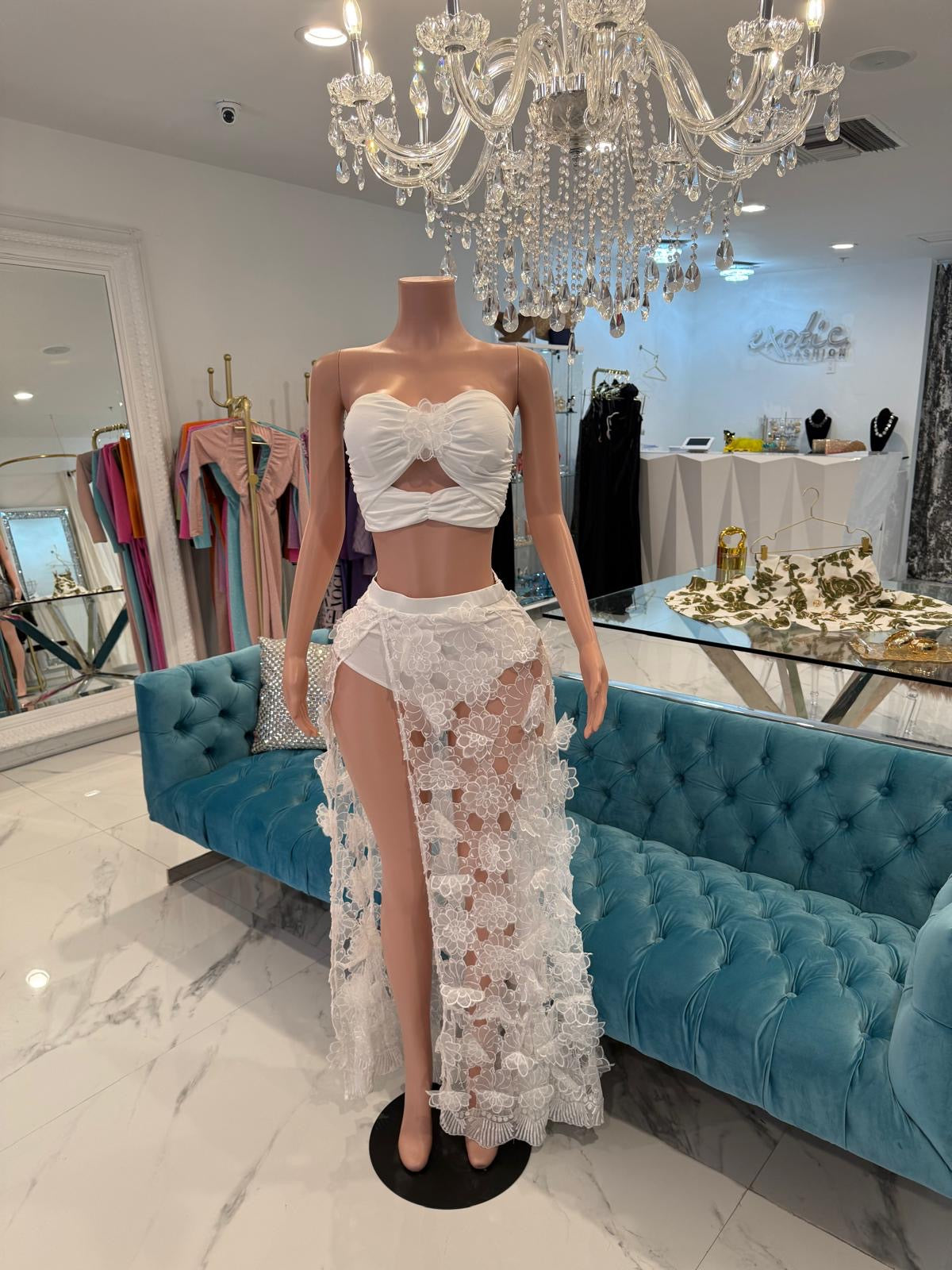 Floral Breeze Lace Skirt Set White