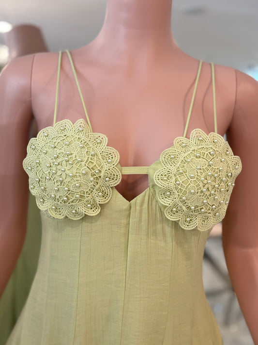 Conchas Lace Pearls Mini Dress Green