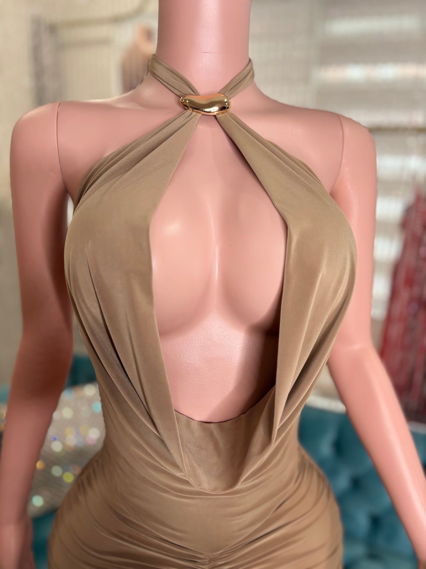 Split Intention Ruched Maxi Dress Nude