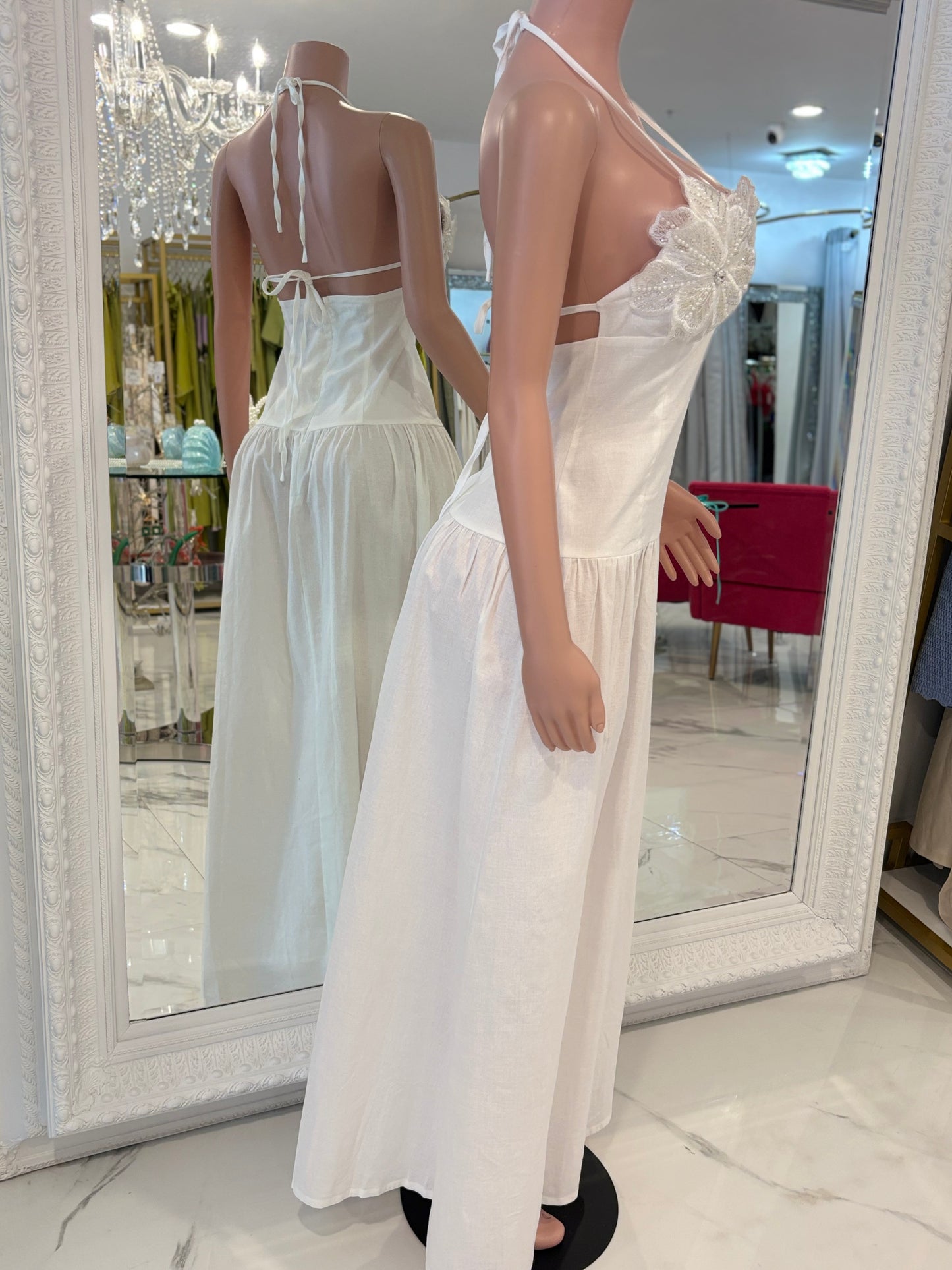Goddess Bloom Pearls Sequin Maxi dress White