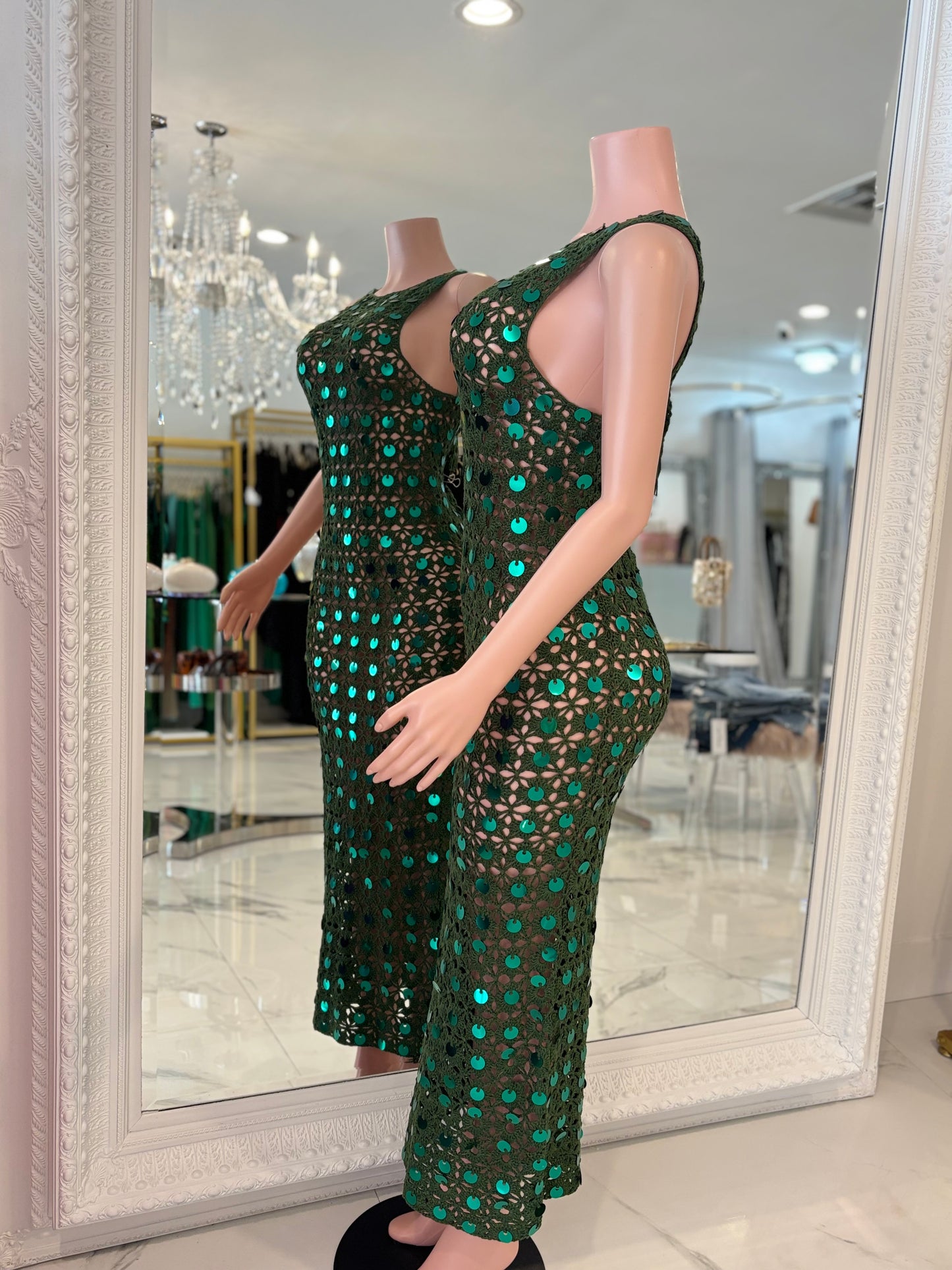 Floral Crochet Sequin Maxi Dress Green
