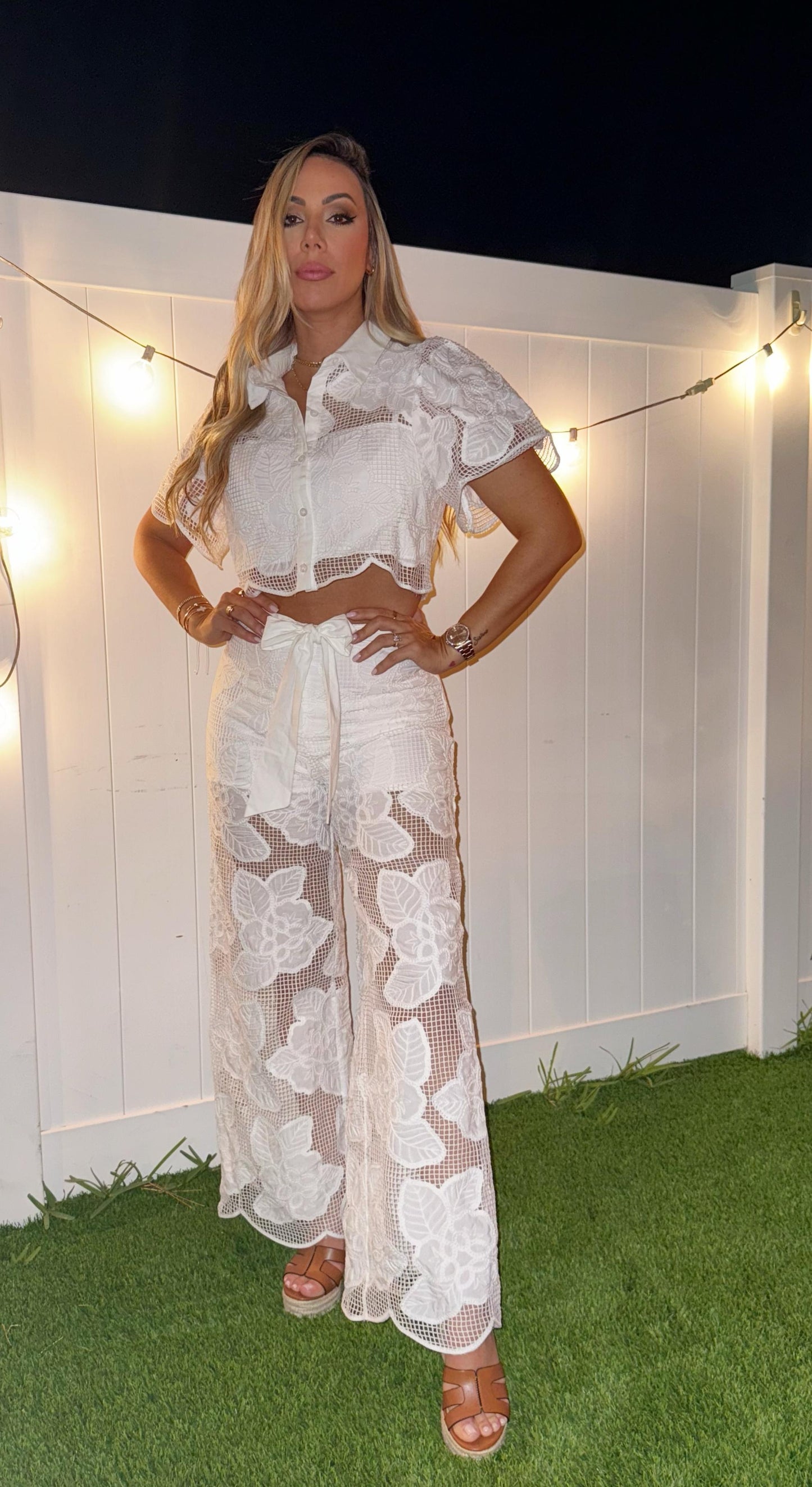 Floral Pants Set White CROCHET