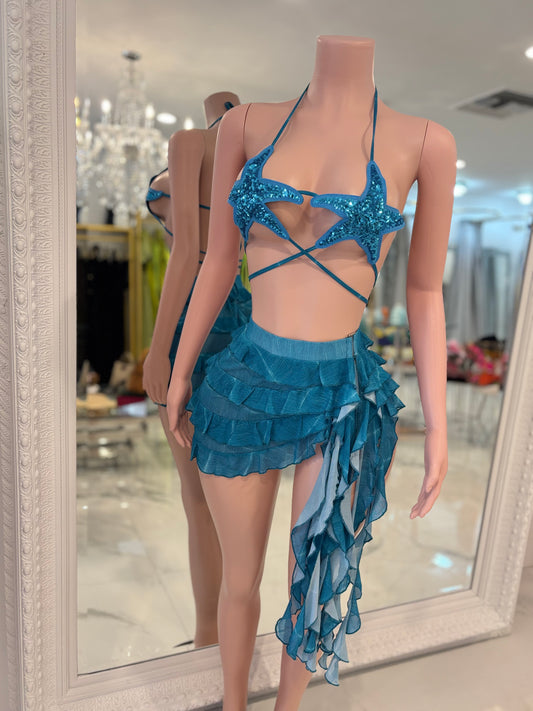 Starfish Daze Mesh Sequin Ruched Skirt Set Blue