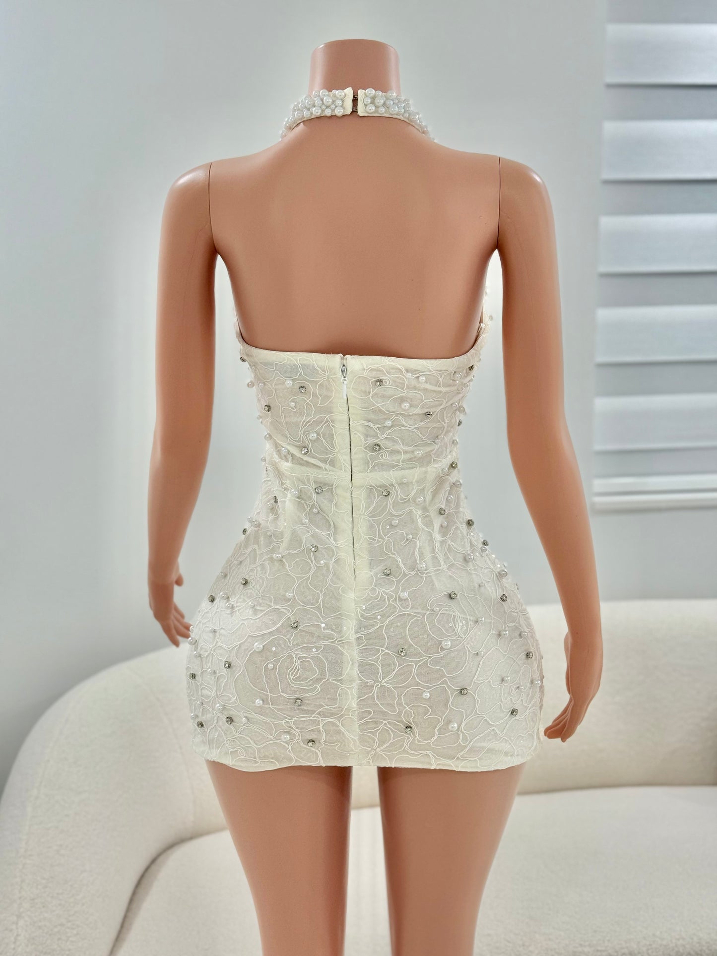 Party Pearl Rhinestones Mini Dress White