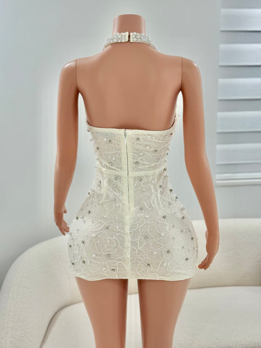 Party Pearl Rhinestones Mini Dress White
