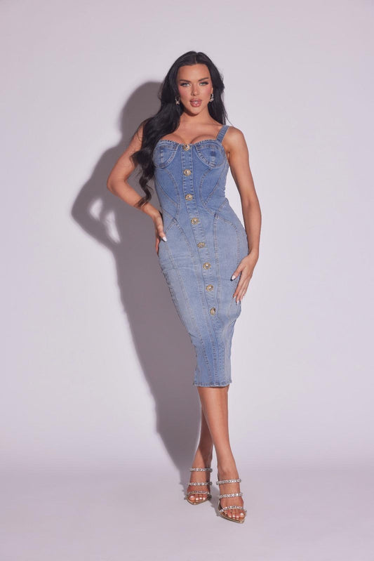 Luxe Stitch Midi Dress Light Denim Blue Jeans