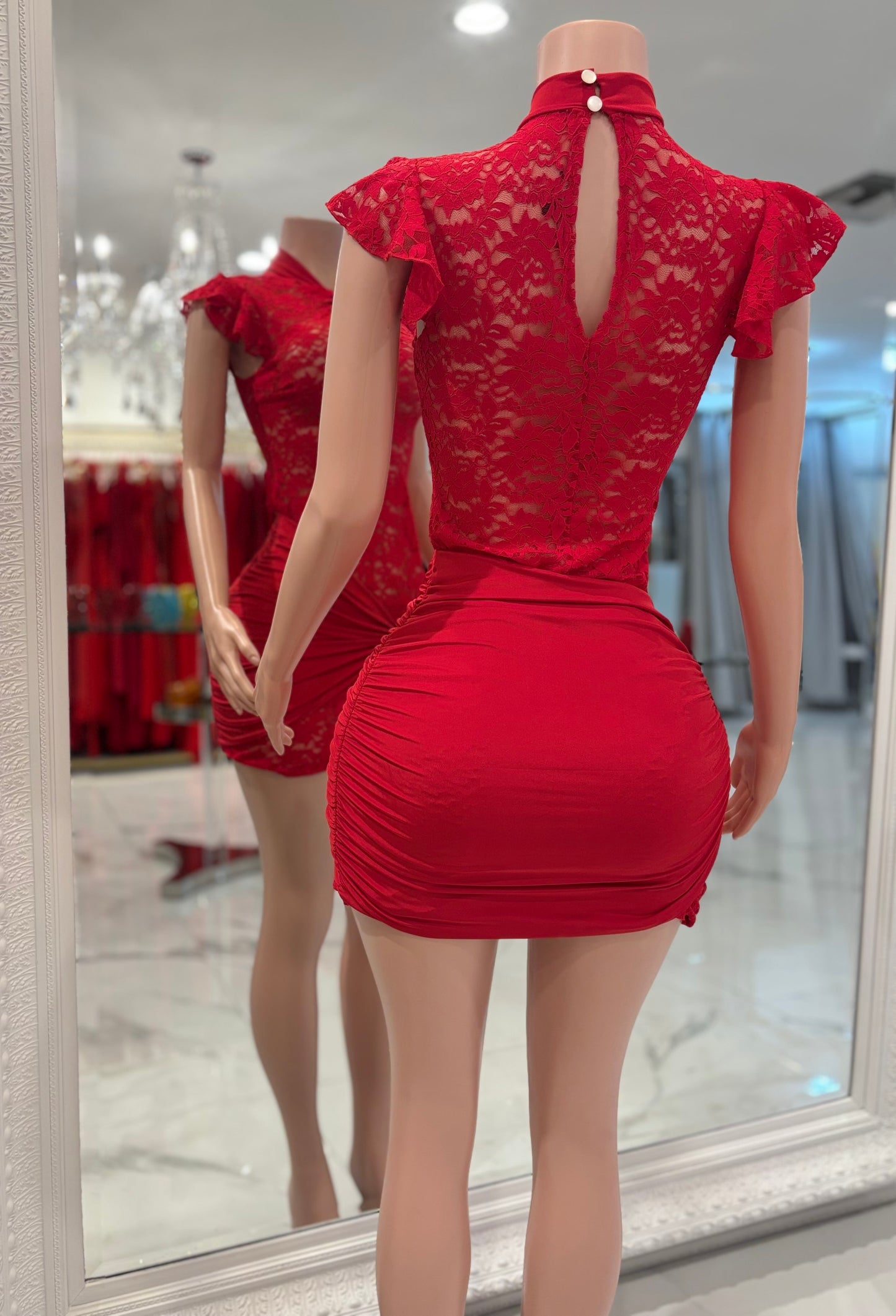 Kiss Lace Ruched Mini Dress Red