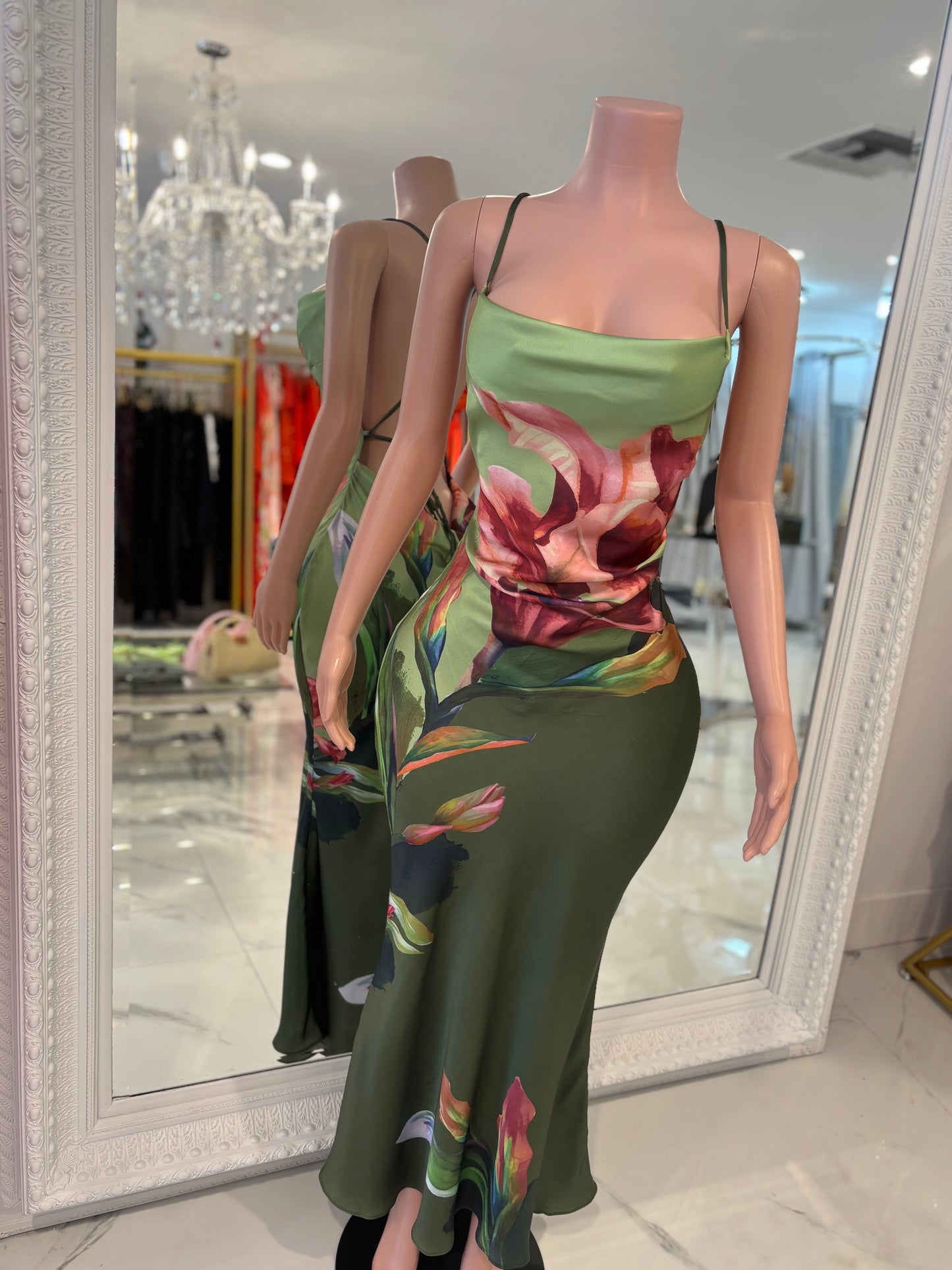 Poetica Love Floral Satin Maxi Dress Green